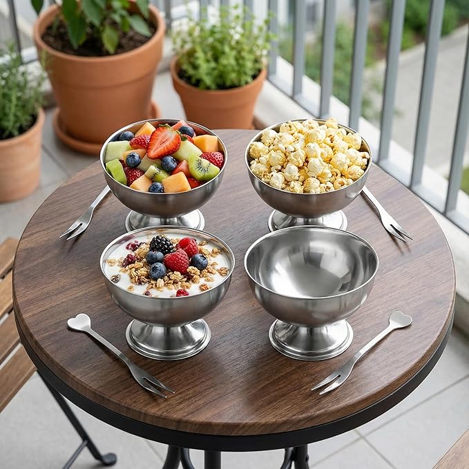 4 Pcs Stainless Steel Ice Cream Bowls Footed Dessert Cups for Sundae Parfait Yogurt Pudding Cake Salad Fruit Snacks Home Kitchen Use