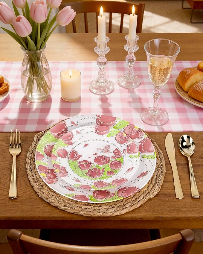 Hioasis 60pcs Plastic Disposable Plates Set - Pink Tulip & Butterfly Pattern with Pearl Trim, 10.25 Dinner & 7.5 Dessert Plates for Wedding,Anniversary,Party and Holiday