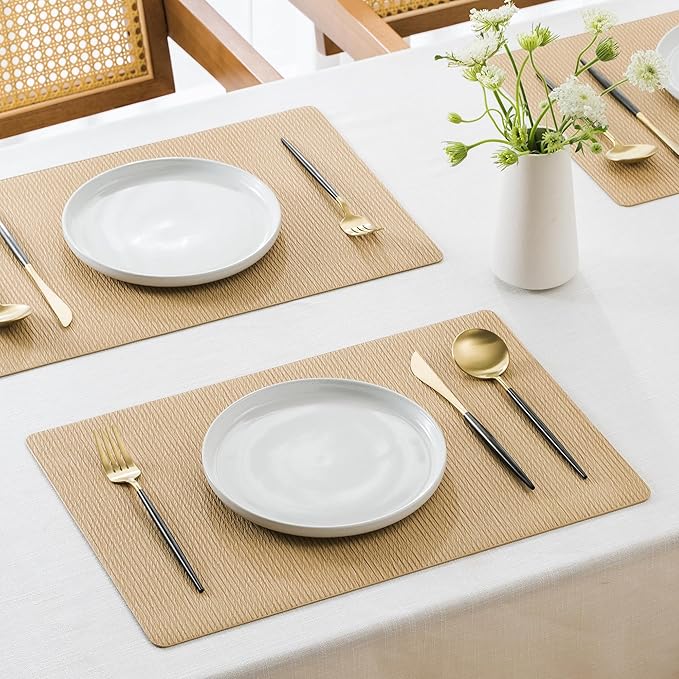 Jovono Faux Leather Placemats Set of 8, Waterproof Washable Table Mats, Easy-Clean Heat Resistant Kitchen Vinyl Place Mat for Dining Table, Restaurant, Indoor, 17.8"x11.8", Yellow