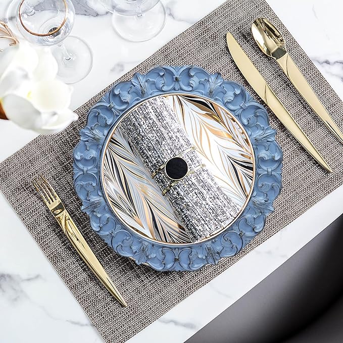 13" Antique Blue Charger Plates, Set of 6 Plastic Textured Chargers for Dinner Plates with Embossed Rim, Table Décor, Party, Wedding, Holiday