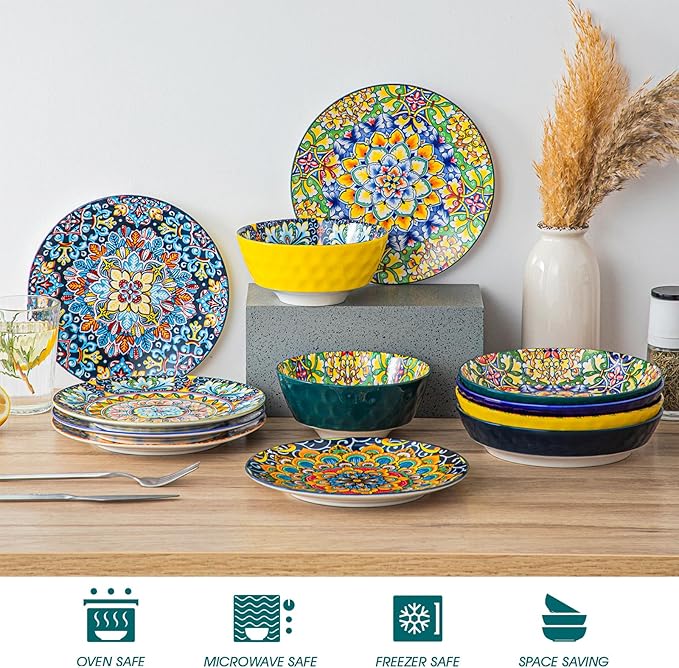 vancasso Salad Plates Set of 6-8.5 Inch Ceramic Dessert Plate, Small Dinner Plate Set, Microwave, Oven and Dishwasher Safe, Colorful Bohemian Style Dishes for Kitchen