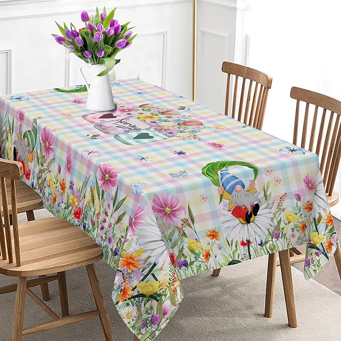 Spring Tablecloth Rectangle 60 x 84 With Gnome Flowers, Buffalo Check Plaid Kitchen Table Cover for Dining Room Indoor Decor