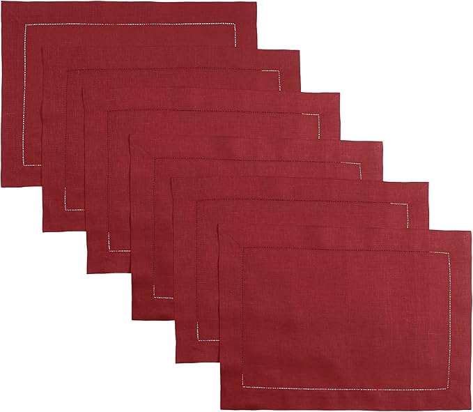 D'Moksha Homes Red Linen Placemats Set of 6 - Classic Hemstitch Placemats 14 x 19 Inch - 100% Pure Linen Table Mats for Valentines, Spring - Handcrafted and Machine Washable