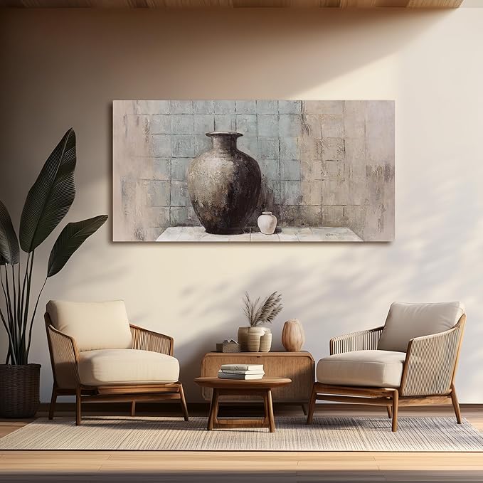 Abstract Wall Art Vintage Vase Still Life Textured Oil Painting Style Canvas Painting Framed Blue Gray Brown Wall Decor Rustic Artwork，Suitable for Decorating Living Rooms, Bedrooms, Dining Rooms, and Home Offices 20"X40"