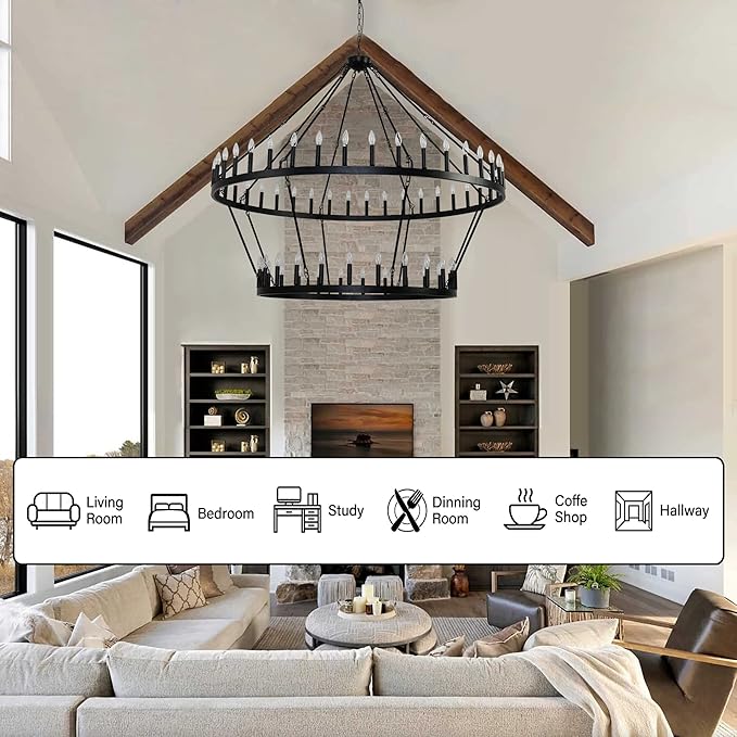 70 Inch Extra Large Wagon Wheel Chandelier 2 Tier 64-Lights Black Farmhouse Pendant Light Fixture, Round Rustic Hanging Lighting for Outdoor Porch high Ceilings Living Dining Room Foyer Entryway