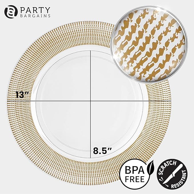 PARTY BARGAINS 13-Inch Charger Plates - 4 Pack, Clear Gold Textured Rim, Heavy-Duty Disposable Chargers for Elegant Dining - Ideal for Weddings and Formal Events