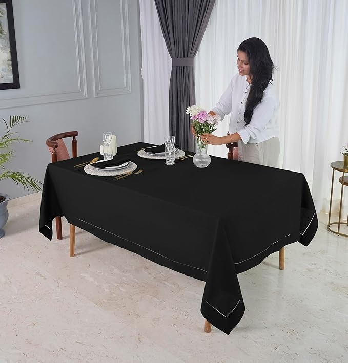 D'Moksha Homes Black Linen Tablecloth 60 x 108 Inch - 100% Pure Linen Black Table Cloth for Rectangle Tables - Classic Hemstitch, Machine Washable Tablecloth for Spring, Easter
