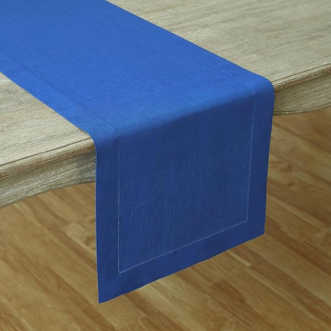 Solino Home Linen Royal Blue Table Runner 60 Inches - Classic Hemstitch, 100% Pure Linen Coffee Table Runner 14 x 60 Inch Ideal for Dresser Tables, Spring