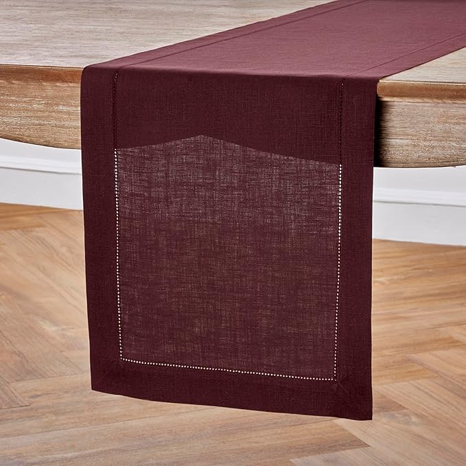 Solino Home Linen Table Runner 36 Inches - 100% Pure Linen Burgundy Hemstitch Table Runner 14 x 36 Inch Ideal for Dresser and Coffee Tables - Winter, Valentines - Classic Hemstitch