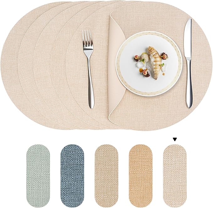 Round Wipeable Placemats Set of 4 – Faux Leather Round Table Mats, Waterproof & Washable Vinyl Placemats, Circle Design for Dining Table Decor– Ivory Beige
