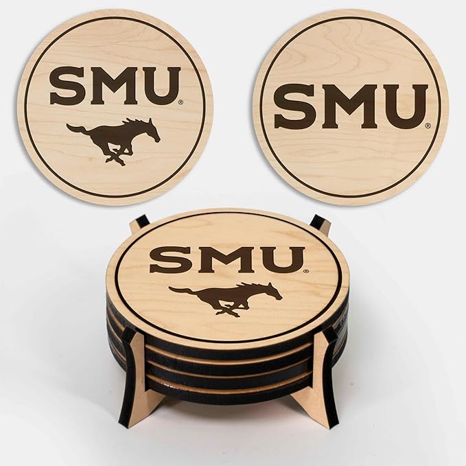 LazerEdge Southern Methodist Mustangs Wooden Coaster Set - Maple Wood - Officially Licensed Product - 4-Pack
