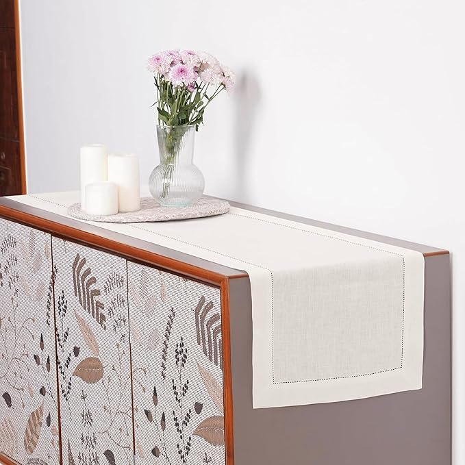 D'Moksha Homes Linen Ivory Table Runner 72 Inches Long - 100% Pure Linen Hemstitch Table Runner 14 x 72 Inch for Dresser, Dining, Valentines, Spring, Easter - Classic Hemstitch