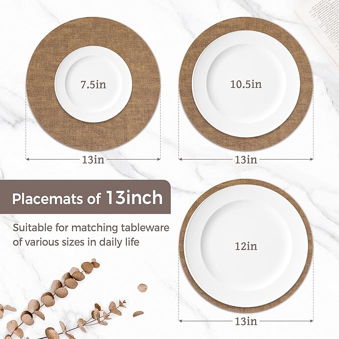 13" Round Placemats Set of 12, Reversible Faux Leather Heat Resistant Table Mats, 100% Waterproof Oilproof Wipeable Table Protective Placemats for Vinyl, Washable for Indoor (12, Light Brown)