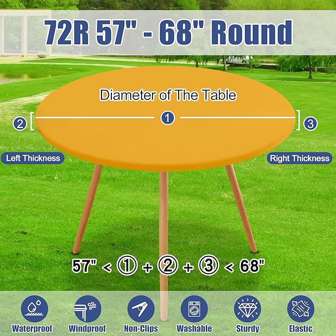 Round Spandex Tablecloth 2 Pack, Elastic Fitted Waterproof Tablecloths for 57"-68" Tables, Stretch Washable Picnic Table Cover for Camping, Dining, Indoor and Outdoor, Mustard Yellow