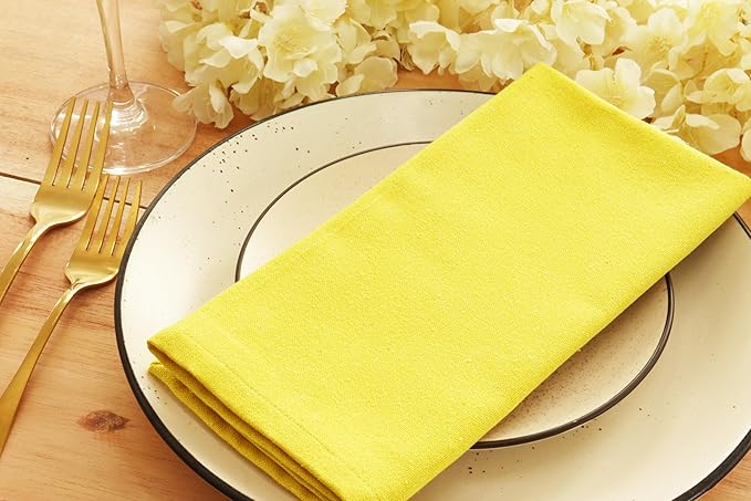 PurpleEssences Set of 12 Cloth Dinner Napkins 100% Cotton 18x18 Inch - Soft Durable Washable - Ideal for Farmhouse Party Christmas Holiday Winter - Perfect Everyday Use Table Linen - Yellow