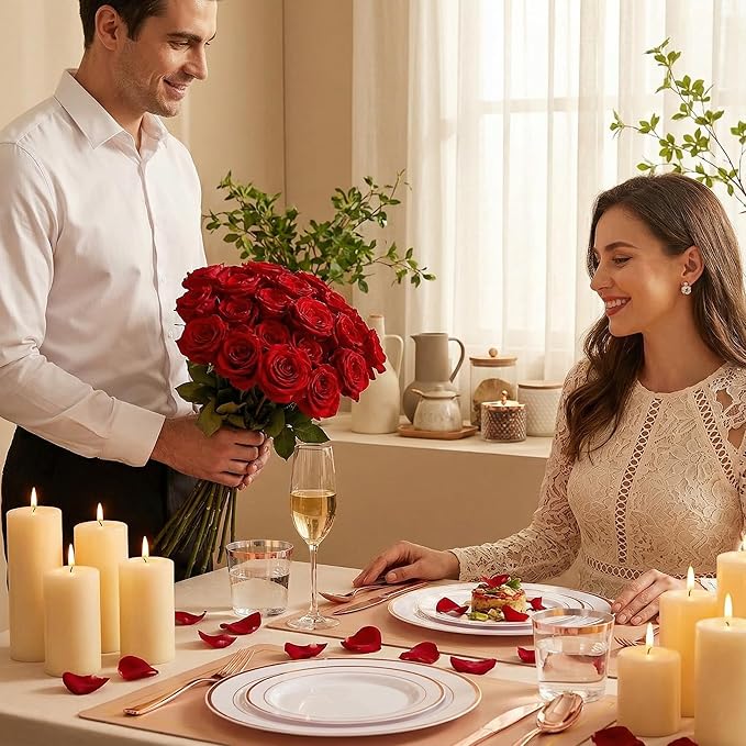 GATHER 350PCS Rose Gold Plastic Plates - Disposable Rose Gold Dinnerware Sets Includes 100 Gold Rimmed Plastic Plates, 150 Silverware, 50 Napkins, 50 Cups for Party, Wedding, Valentine's Day