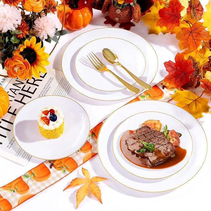 YOUBET 175PCS Gold Rimmed Plastic Plates - White and Gold Disposable Plates Includes 25 Dinner Plate, 25 Dessert Plate, 75Silverware, 25 Cups, 25 Napkins for Wedding & Party