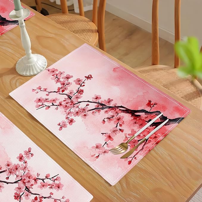 Japanese Cherry Blossom Placemats Set of 4, Pink Sakura Floral Place Mats, Flower Waterproof Washable Table Mats for Home Party Indoor Kitchen Dining Table Decoration 12x18 Inch