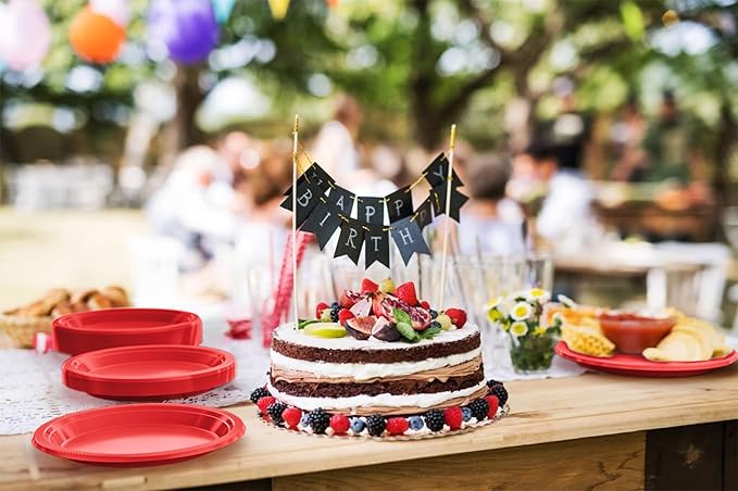 Red Plastic Plates For Party 9" Red Disposable Plates Heavy Duty 100 Pcs Plastic Dinnerware Sets Heavy Duty 350 GSM Disposable Dinnerware Set