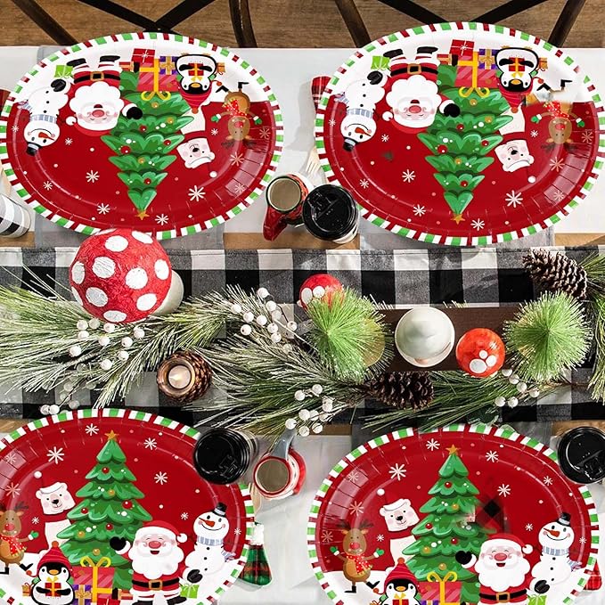 50Pcs Christmas Oval Paper Plates 10" x 12" Large Disposable 400 GSM Heavy Duty Cartoon Penguin Reindeer Snowman Dessert Plates Merry Christmas Birthday Decorations for Festive Xmas Party Supplies