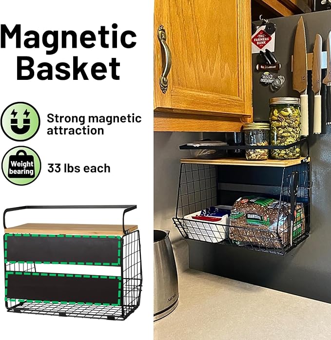 Ofiray-home Magnetic Shelf for Fridge with Wood Lid, Fruit Potato and Onion Storage Bins, Pantry Organizers & Storage, Large Container Magnetic Spice Rack for Refrigerator, Kitchen Counter, Cabinet