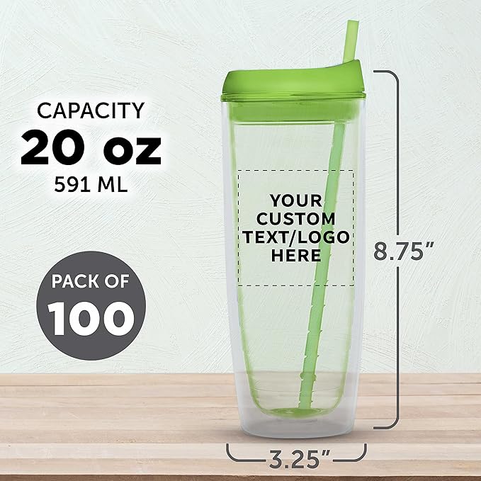 Custom Tall Orbit Acrylic Tumblers 20 oz. Set of 100, Personalized Bulk Pack - Perfect for Iced Coffee, Soda, Other Hot & Cold Beverages - Lime Green