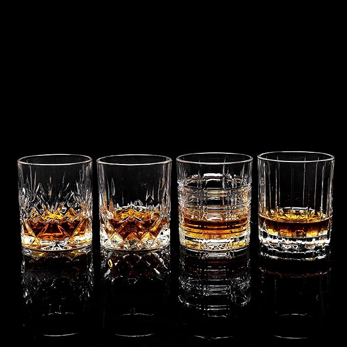 KANARS Whiskey Glasses Set of 4 - Multi Style Crystal Liquor Glasses 10 oz - Rocks Glass Barware For Scotch, Bourbon, Rum and Cocktail, Whisky Gifts for Men Dad Brother Adult