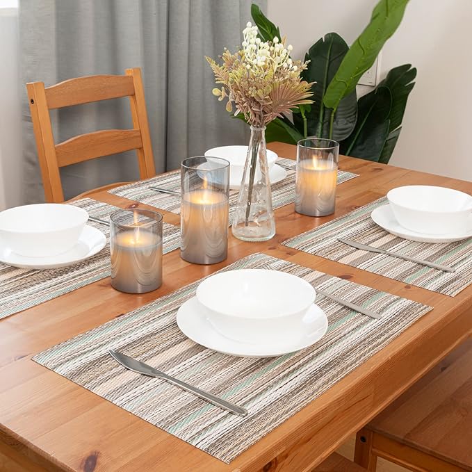 Winknowl Placemats Set of 6, Heat Resistant Non-Slip Vinyl Woven Table Mats for Dining Table, Washable Durable Elegant Place Mats for Kitchen Indoor/Outdoor Use (Teal Green)