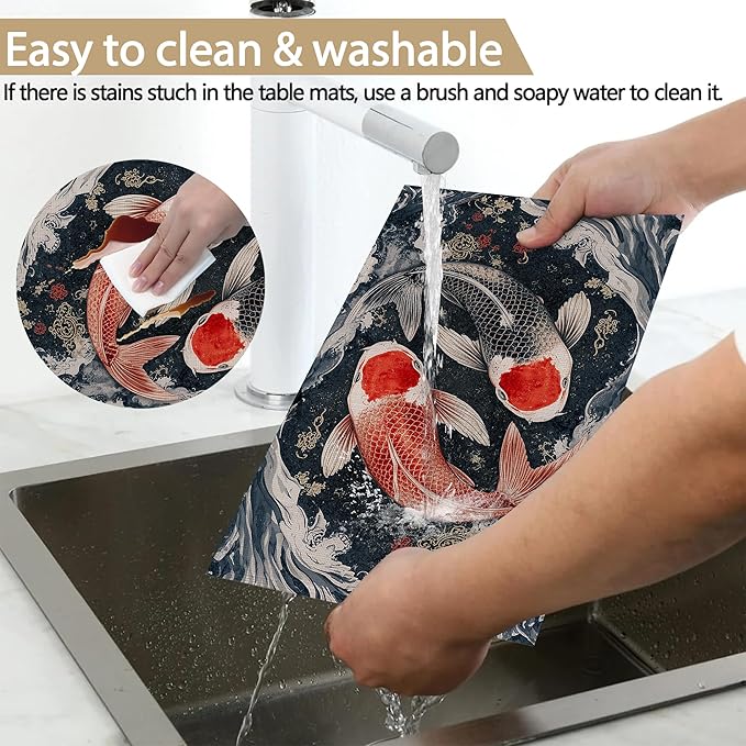 Placemats, Janpanese Koi Fish Placemats 12x18 Inch Waterproof Non-Slip Washable Table Mats for Kitchen Dining Party Table Decor,Set of 6