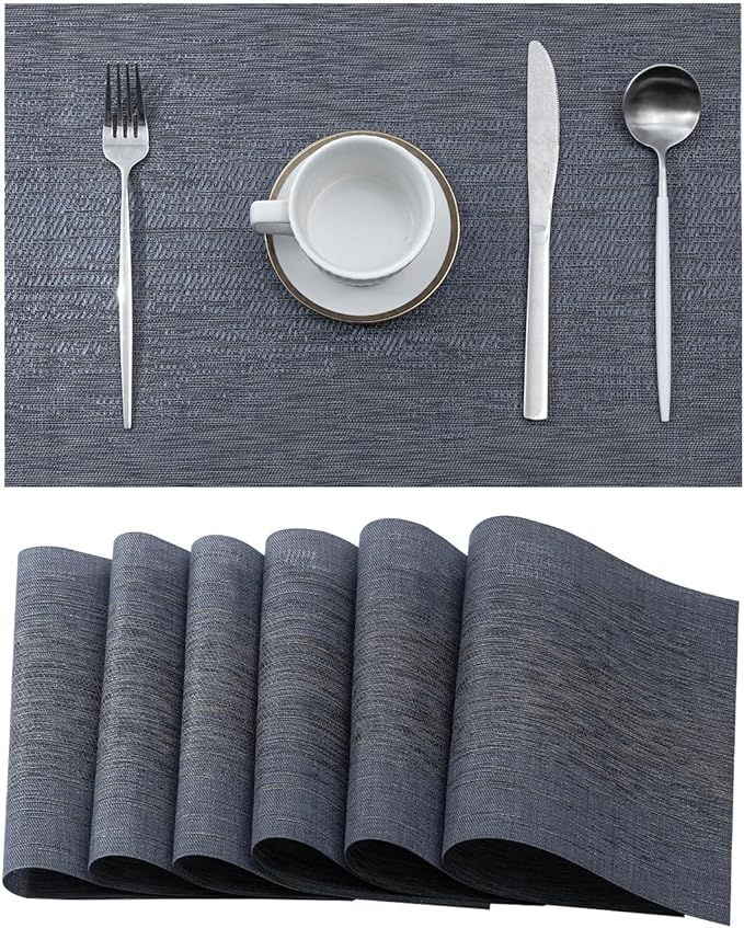 Leetaltree Denim Blue Placemats Set of 6 - Heat Resistant Non-Slip Place mats for Dining Table, Washable Durable PVC Vinyl Woven Table Mats（Denim Blue, 6）