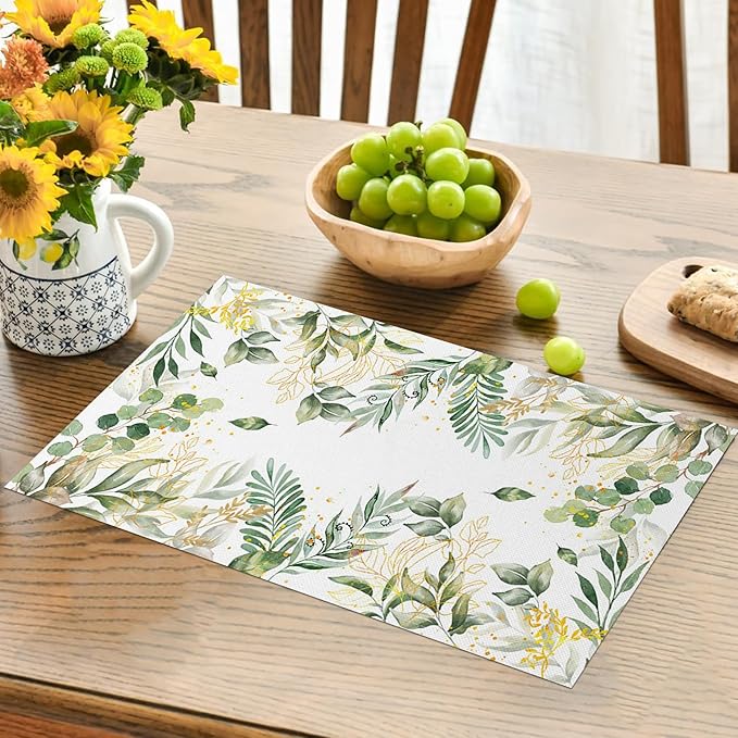 AOFOTO Watercolor Leaves Printed Placemats Set of 4 Spring Sage Green Gold Leaves Place Mats Washable Rectangular Table Mats for Party Home Kitchen Restaurant Dining Table Decor 12x18 Inch