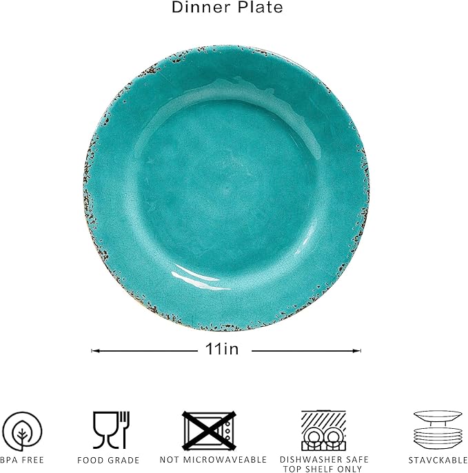 Dinner Plates, 6 Piece Vintage Melamine dinnerware Set, 11-inch Melamine Salad/Dessert Plates, Set of 6, Outdoor Pasta Plates or Shallow Bowl for Patio and Everyday Use, Teal…