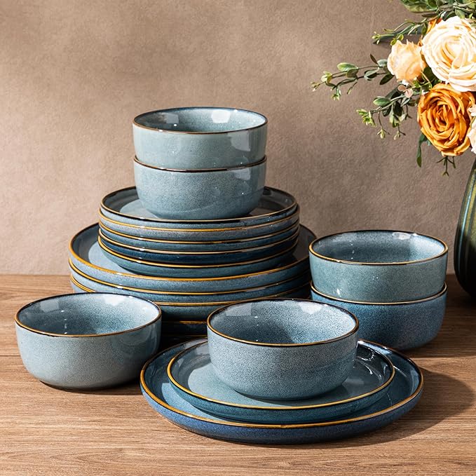 GBHOME Ceramic Dinnerware Sets for 6, 18 Pieces Stoneware Plates and Bowls Sets, Scratch Resistant Dishes, Dishwasher & Microwave Safe, Space Blue