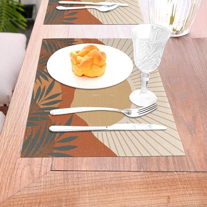 Mid Century Boho Sunset Placemats Vintage Farmhouse Abstract Plant Mountain Sunset Washable Place Mats 12x18Inch for Dining Kitchen Farmhouse Decor 6 PCS
