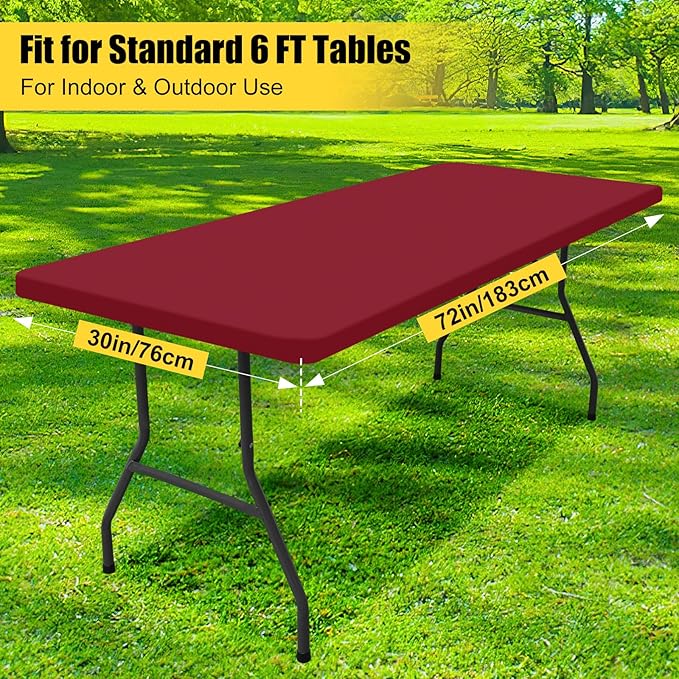 Smiry Rectangle Picnic Table Cloth, Waterproof Elastic Fitted Tablecloths for 6 Foot Tables, Washable Polyester Table Cover for Camping, Indoor and Outdoor (Wine Red, 30"x72")