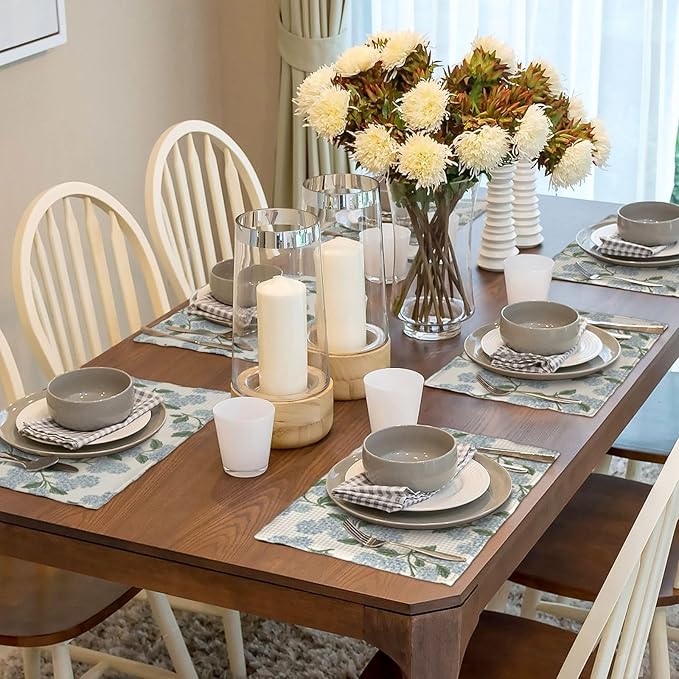 Blue Green Spring Placemats Set of 4 Hydrangea Flower Decor Place Mats 12x18 Inch Vintage Floral Summer Seasonal Decorative Linen Table Mats for Home Kitchen Dining Party Table Decoration