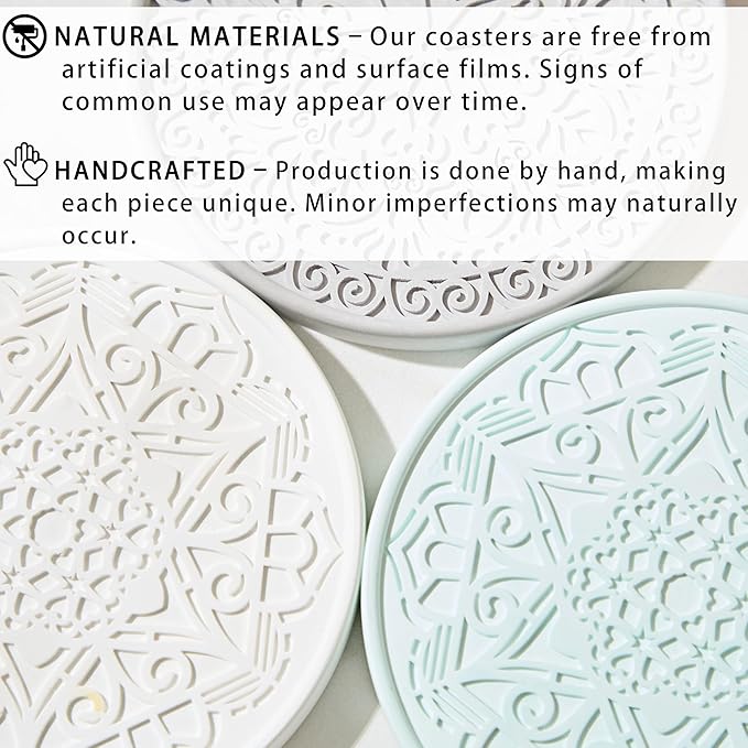 Absorbent Stone Coasters Set of 4 – Edged, Grooved, Quick-Drying Natural Diatomaceous Earth - Decor Drink Coaster for Tabletop Protection - Thirsty Stone Round 4 Inches in 4 Colors – Gift