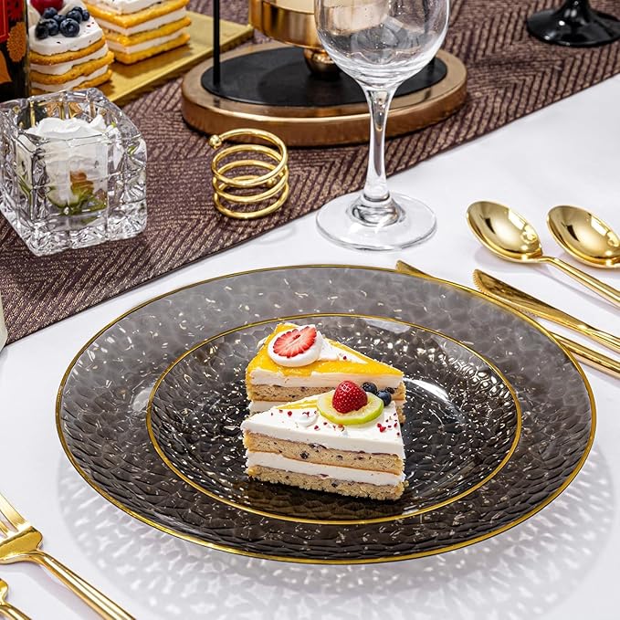 Rubtlamp 60Pcs Black Plastic Plates, Black Disposable Plates With Gold Rim, Clear Heavy-duty Party Plates, Hammered Plastic plates Include 30 Dessert Platos, 30 Dinner Platos for Party