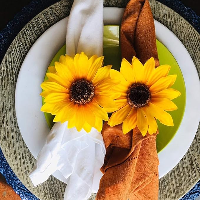 Flower Napkin Rings Set of 6, Handmade Sunflower Napkin Ring Holders, Plant Napkin Holders, Floral Serviette Buckles for Valentine, Weddings, Thanksgiving, Parties Table Settings Decor