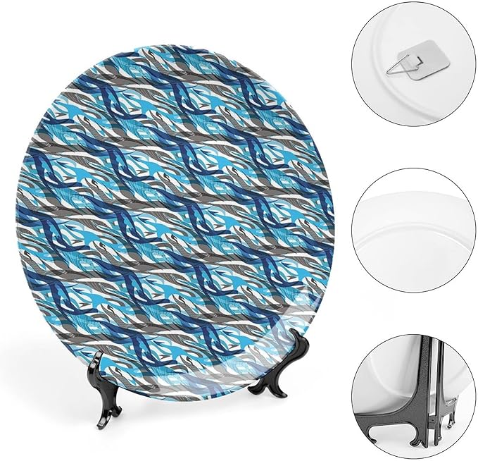 Ceramic Display Plate, Abstract Ceramic Hanging Decorative Plate, Modern Art Stripes Swirls Waves Trippy, 7 Inch, Living Room Kitchen Decoration Household, Grey Blue White