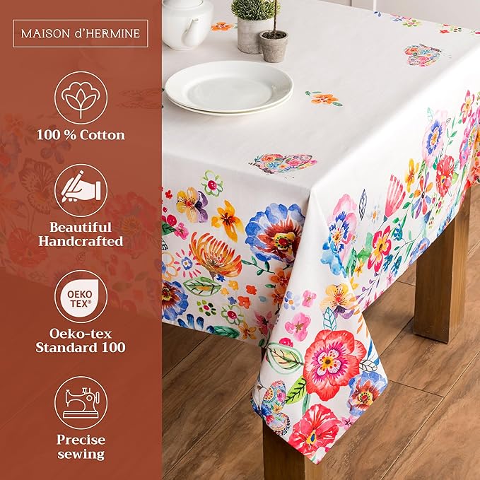Maison d' Hermine Table Cloth Rectangle Table 100% Cotton 70 x 90 Inches Tablecloth Reusable Decorative for Dining Room Farmhouse Valentines Day Decorations Spring Summer - Happy Florals - High Summer