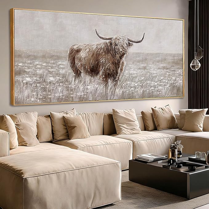 Extra Large Brown Highland Cow Canvas Wall Art with Framed Rustic Farmhouse Animal Posters Pictures Modern Country Style Wall Decor for Living Room Bedroom Office 40x88 Inch