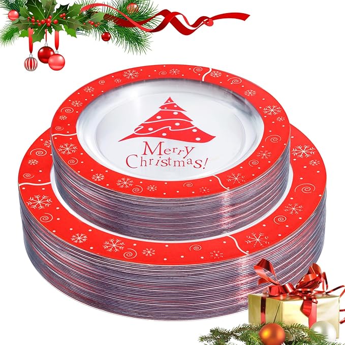 U-QE 60PCS Red and Clear Plastic Plates - Disposable Christmas Plastic Plates for 30 Guests Include 30 Dinner Plates 10.25’’ & 30 Dessert Plates 7.5’’, Premium Party Supplies for Christmas Theme Party