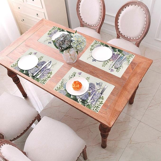 Spring Placemats 12x18 Inches Set of 4,Blue Violet Hydrangea Floral Decorative Rectangle Summer Seasonal Flower Decoration Table Mats for Party, Home Kitchen,Dining Table Decor