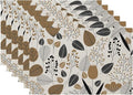 QIYI Boho Placemats Set of 6, 12x18 Inch Linen Fabric Place Mats for Kitchen Dinning, Farmhouse Rustic Graphic Leaves Cloth Table Mats, Brown Washable Placemat Party Table Décor, Botanical Line Art