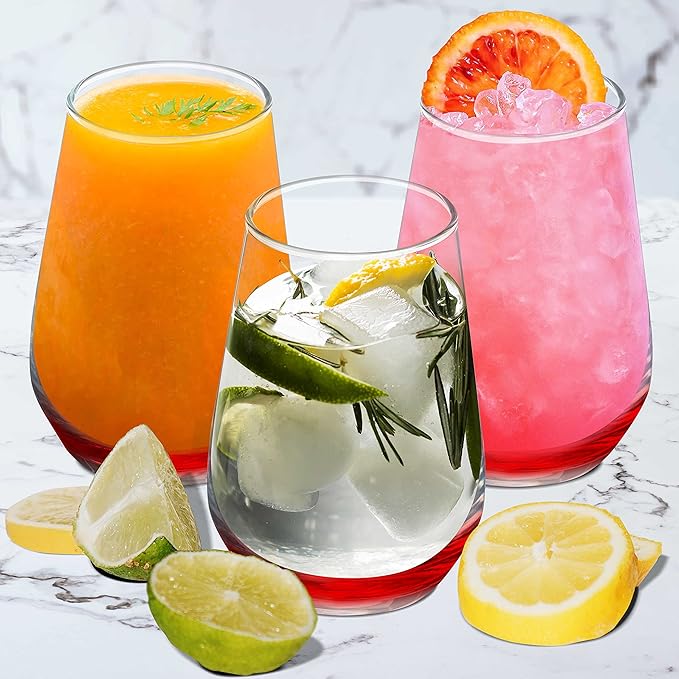 DISCOUNT PROMOS 10 Vaso Silicia Stemless Wine Glasses Set, 16 oz. - Clear, Orb-Like, Thick base - Red