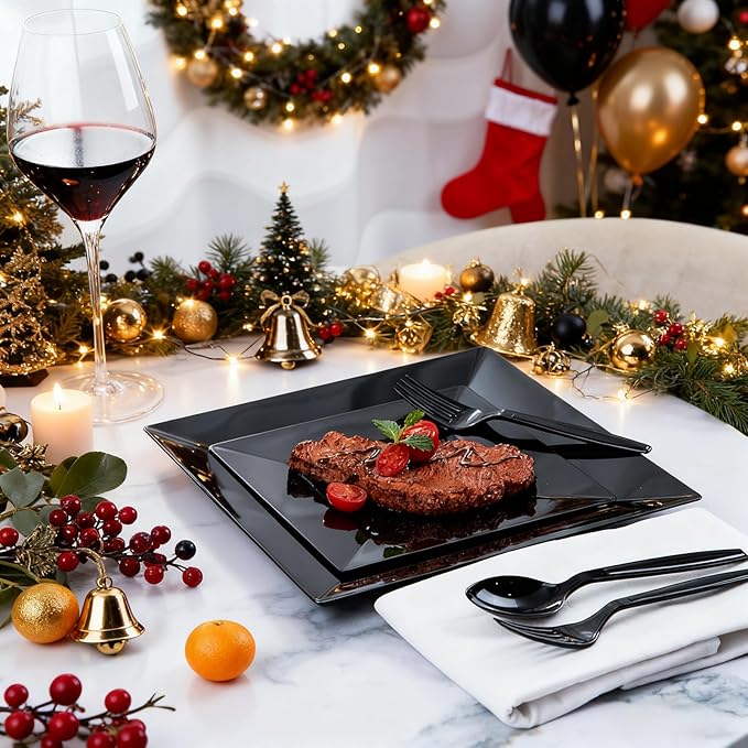 Liacere 60PCS Black Plastic Plates - Premium Square Disposable Plates - Include 30PCS 9.5inch Dinner Plates - 30PCS 7inch Dessert Plates for Party & New Year & Father's Day