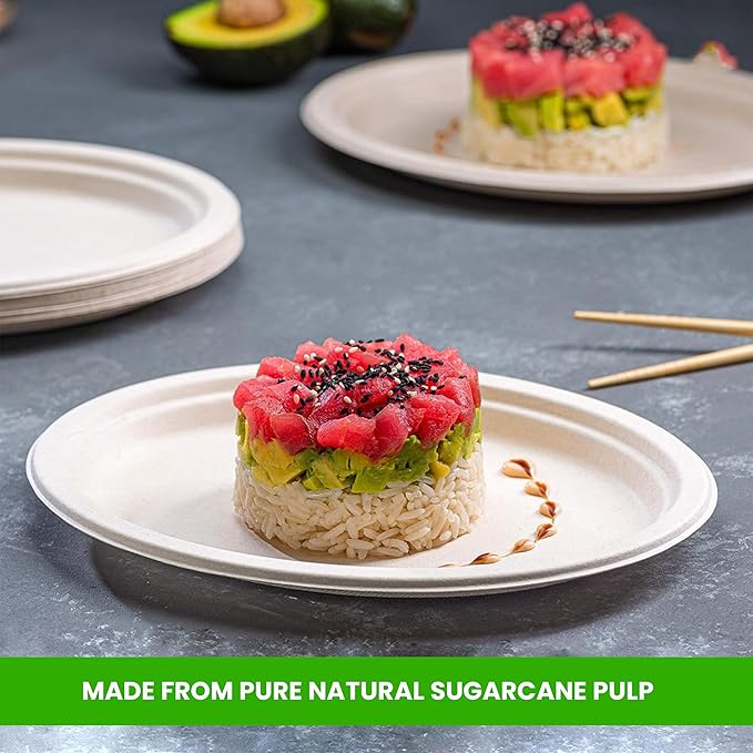 Oval Plates Disposable (125, Large) Eco-Friendly Sugarcane – Biodegradable, Compostable, Sturdy, BPA-Free, Microwave & Freezer Safe – Perfect for Parties, Weddings, Picnics & Everyday Use