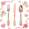 WDF-300 Pieces Rose Gold Plastic Silverware- Disposable Flatware -Heavyweight Plastic Cutlery- Includes 100 Forks, 100 Spoons, 100 Knives for Wedding& Parties