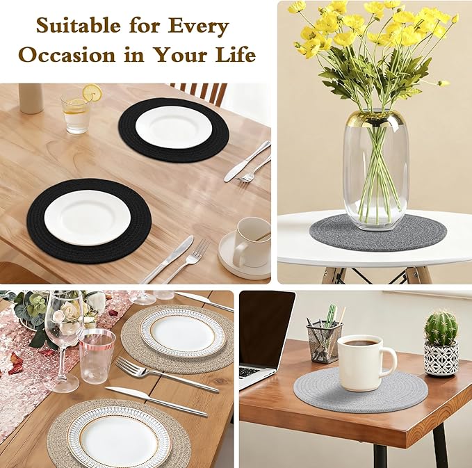 Round Placemats Set of 6 with Holder, Cotton Rope Woven Place Mats, Hot Pads for Kitchen, Heat Resistant Table Mats, 13 Inch Farmhouse Washable Braided Placemat for Kitchen Decor (Black)